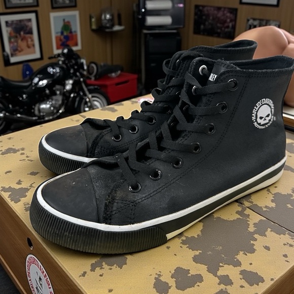Harley-Davidson Black Baxter Leather Hi Cut Sneakers with Skull Emblem Men's 8.5 - Picture 1 of 13